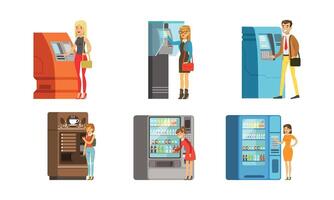 People Characters Using Vending Machines Illustrations Set vector