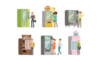 People Characters Using Vending Machines Illustrations Set vector
