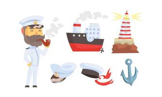 Mariner Attributes with Seaman Character Standing and Smoking Pipe Set vector