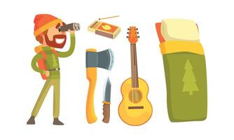 Camping Attributes and Camper Looking in Binoculars Set vector