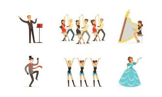Performer Characters Playing Entertainment Performance on Theater Stage Illustrations Set vector