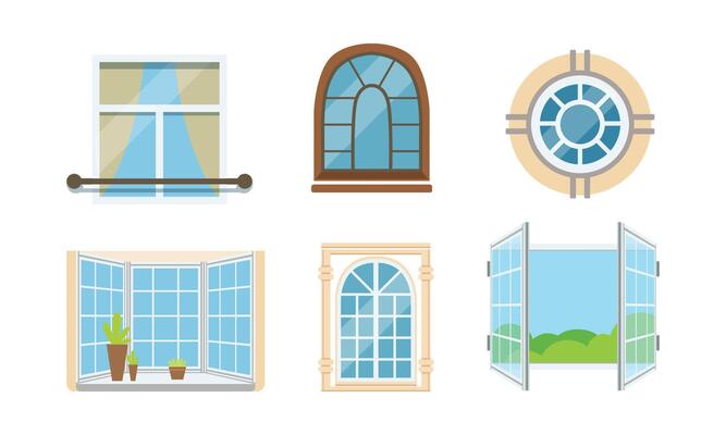 Different Types of Windows Set. Glass Exterior Element Collection