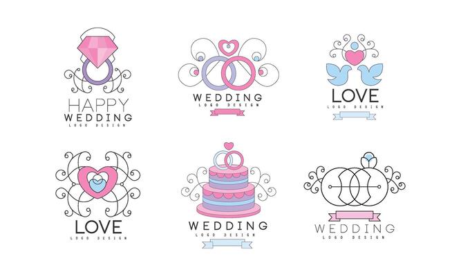 Wedding Floral Decorative Logo Design with Swirling Elements Set