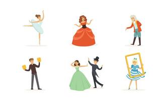 Performer Characters Playing Entertainment Performance on Theater Stage Illustrations Set vector
