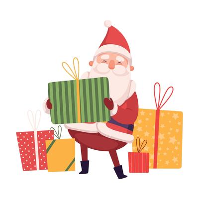 Funny Santa Claus wit Gift Boxes, Cute Christmas and New Year Character, Winter Holidays Design Element Illustration