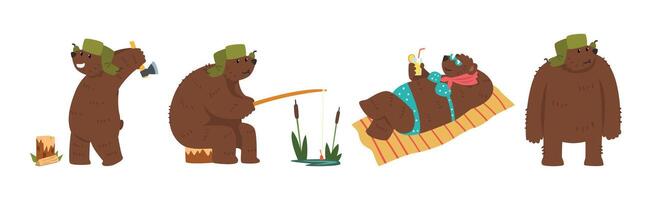 Funny Bear Character with Cute Snout Engaged in Different Activity Set vector