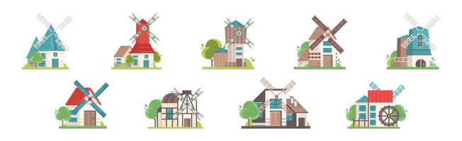 Traditional Rural Windmill with Rotating Propeller Set vector
