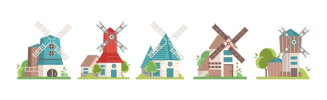 Traditional Rural Windmill with Rotating Propeller Set vector