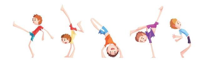 Cute Little Boy Somersaulting Doing Physical Exercise and Stunt Set vector