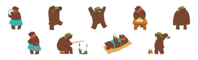 Funny Bear Character with Cute Snout Engaged in Different Activity Set vector