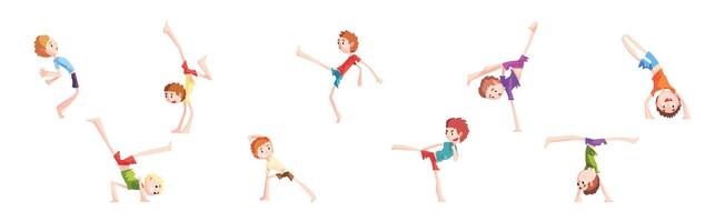 Cute Little Boy Somersaulting Doing Physical Exercise and Stunt Set vector