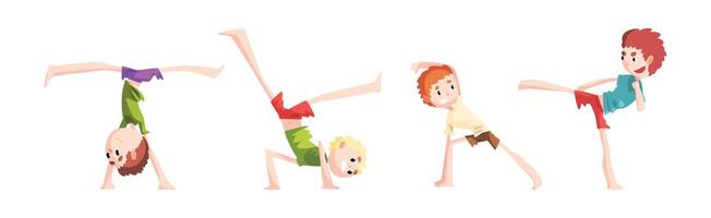 Cute Little Boy Somersaulting Doing Physical Exercise and Stunt Set vector