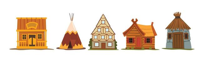 Traditional House, Hut and Dwelling of Different Material Set vector