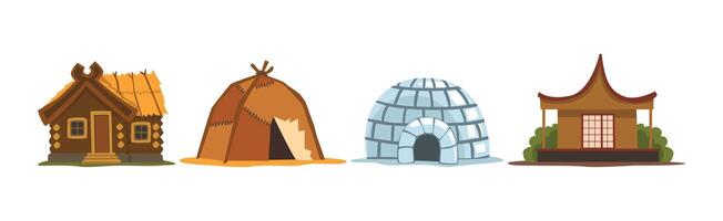 Traditional House, Hut and Dwelling of Different Material Set vector