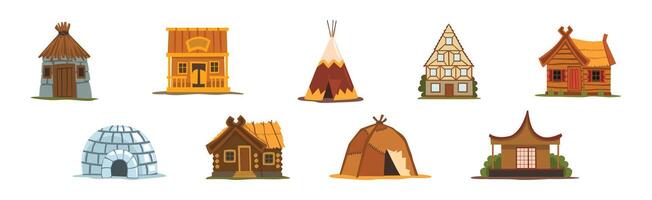 Traditional House, Hut and Dwelling of Different Material Set vector