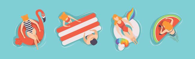 People Floating on Air Mattresses in Swimming Pool Set vector