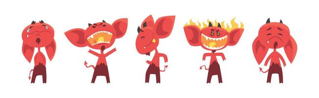 Red Devil Character with Horns and Face Emotion Set vector