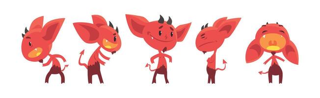 Red Devil Character with Horns and Face Emotion Set vector