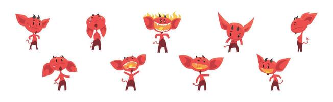 Red Devil Character with Horns and Face Emotion Set vector