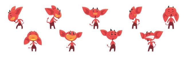 Red Devil Character with Horns and Face Emotion Set vector