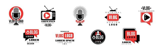 Vlog Logo and Label Design with Red and Black Set vector