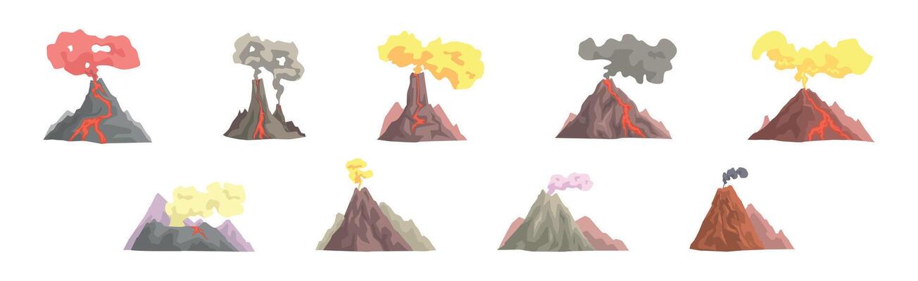 Erupting Volcano with Smoke at Top of Mountain Set