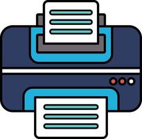 A blue and white printer with a stack of papers in the tray vector