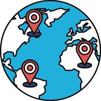 A blue and white globe with three red pins on it vector