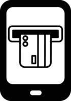 A black and white image of a cell phone with a credit card on it vector