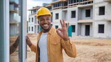 A man in a hard hat and helmet is standing in front of a building photo
