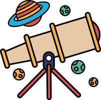 A telescope is shown with a colorful background of planets and stars vector
