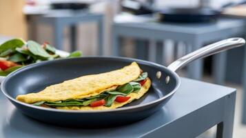 An omelet is being cooked in a pan on a table photo