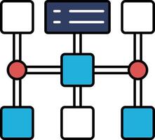 A blue and white drawing of a network of boxes with red circles in the middle vector