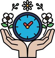 A hand holding a clock with flowers in the background vector