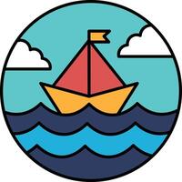 A boat is floating on the water in a blue and white background vector