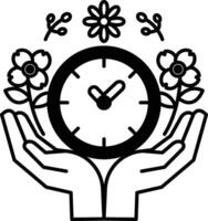hand holding a clock with flowers in the background vector