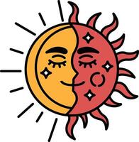 A cartoon sun with a smiling face and a smiling moon vector