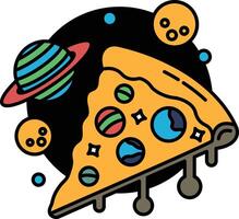 A slice of pizza with a planet and a bunch of other planets surrounding it vector