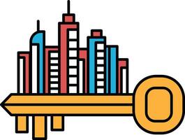 A key is shown with a city skyline in the background vector