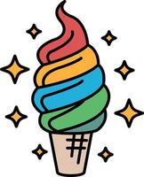 A colorful ice cream cone with a rainbow swirl and a red flame on top vector