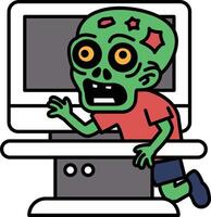 A cartoon of a zombie boy is on a computer monitor vector