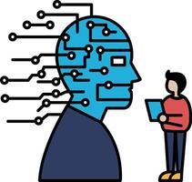 A man is standing next to a blue head with lots of wires coming out of it vector