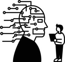 man is standing next to a head with lots of wires coming out of it vector