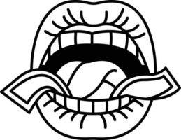 cartoon of a mouth with a tongue sticking out and a bunch of money in it vector