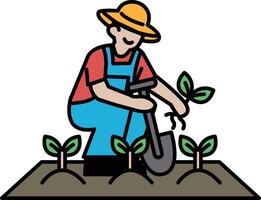 A man in a blue overalls is digging a hole in the dirt vector