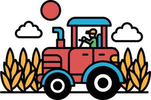 A red tractor with a man driving it through a field of corn vector