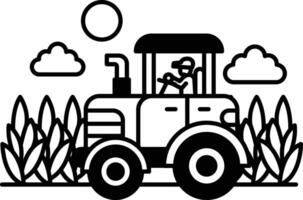 tractor with a man driving it through a field of corn vector