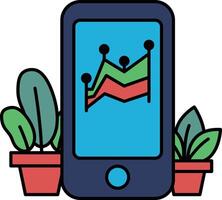 A phone with a graph on it is sitting next to two potted plants vector