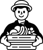 man is holding a basket of fruit, including bananas and grapes vector