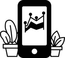 phone with a graph on it is sitting next to two potted plants vector